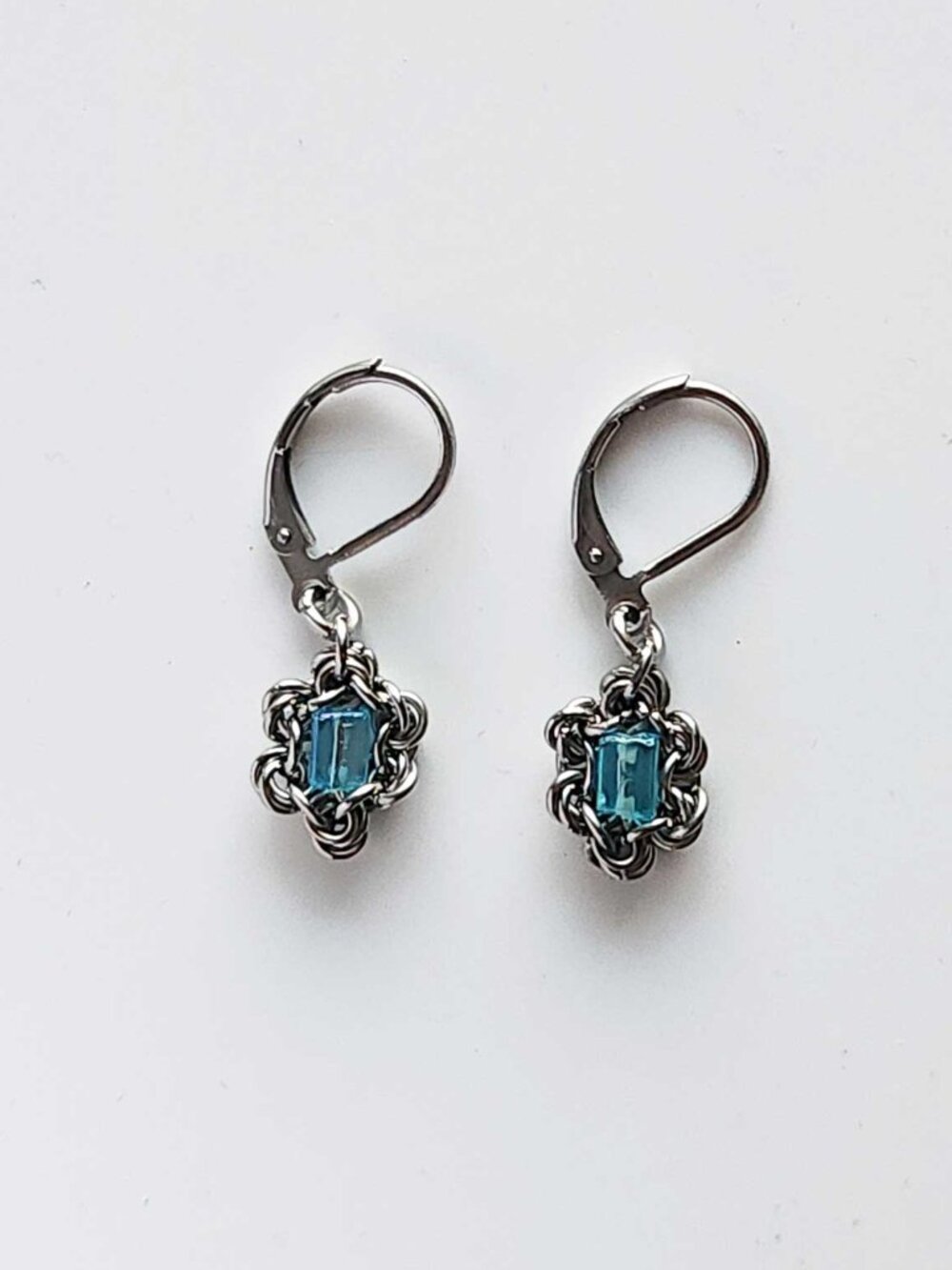 Silver and aqua blue lever back dangly earrings - Picture 2 of 6